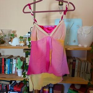 Pink and Yellow Flowy Top with Ribbon Straps